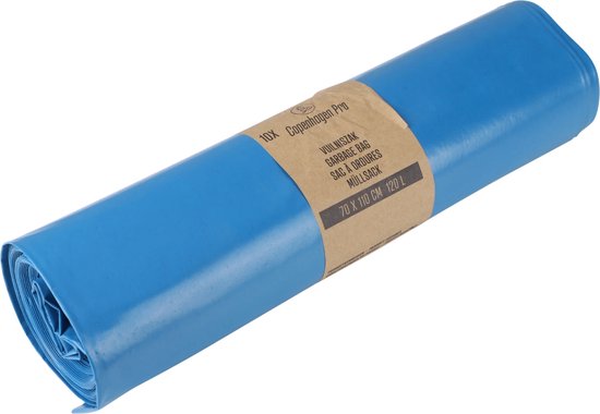 Rol blauwe afvalzakken, Copenhagen Pro. 10 stuks, 70 x 110 cm, 120 L.