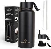 Supplife Luxe RVS Thermosfles / Drinkfles - 1 Liter - BPA & Lek Vrij - Waterfles met Rietje - Dubbelwandige Isolatie - Thermosbeker - Schenkdop en Dop met Rietje - Inclusief Schoonmaakborsteltje - Zwart