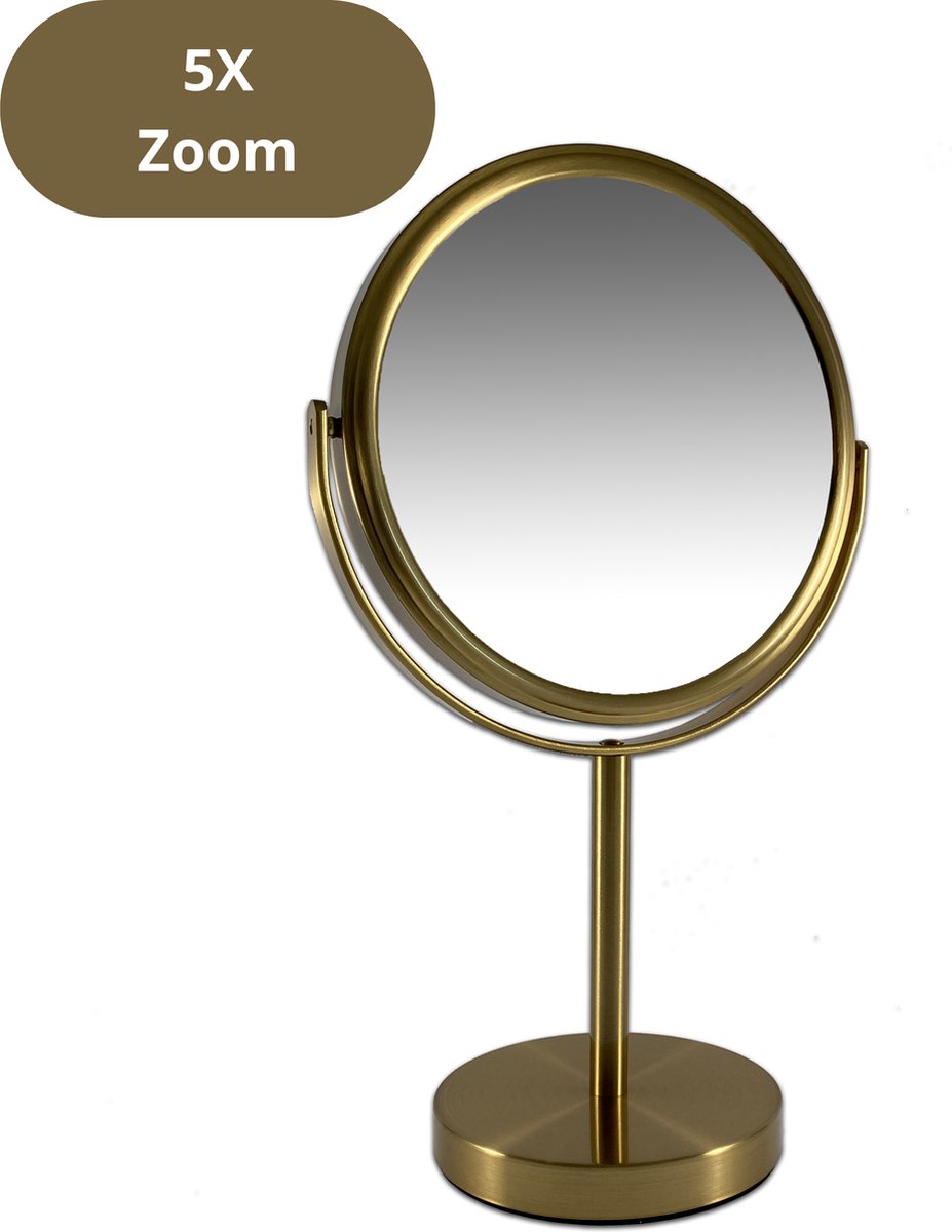 Bol.com metalen make up spiegel mat Goud -stand spiegel 5x vergroting - Ø18cm - scheerspiegel - cosmeticaspiegel - schoonheidssp... aanbieding