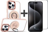 Coque BixB avec protecteur d'écran en verre trempé Convient pour iPhone 15 Pro Max Magsafe Coque arrière rigide transparente avec support d'anneau rotatif - Or rose