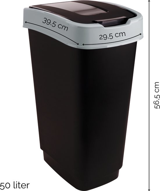 Zwarte prullenbak, 50 liter, met grijze rand met afmetingen 39,5 x 29,5 x 56,5 cm.