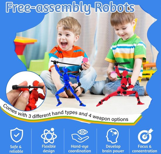 Enluxe Multi T13 Stick Action Figure – Flexibele Beweegbare Pop in Rood en Blauw, Verwisselbare Handen en Speelgoedwapens, Creëer je Eigen Gevechtsscene, Perfect voor Kinderen en Verzamelaars