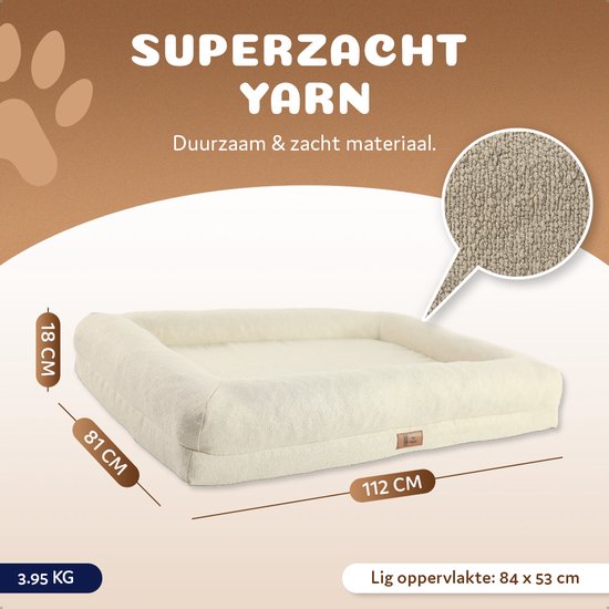 Canapé orthopédique pour chien de couleur crème, dimensions 112 x 81 x 18 cm. Texte "SUPERZACHT YARN".