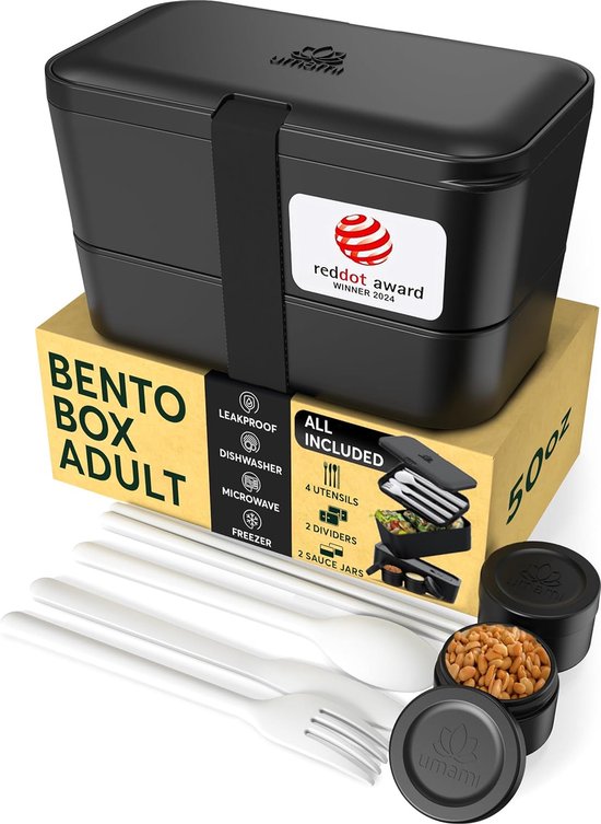Umami Boîte à Lunch Enfant Bento 3 Compartiments + Couverts – Étanchéité Totale, Sans BPA, Micro-ondable Et Lave-vaisselle – Idéal 3-9 Ans