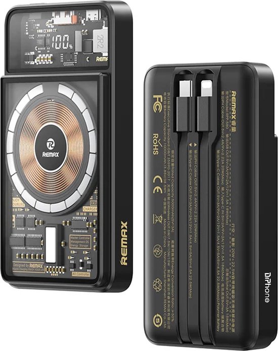 Anker powerbank, 10 000 mAh, magnetisch, ingebouwde USB-C-kabel, zwart