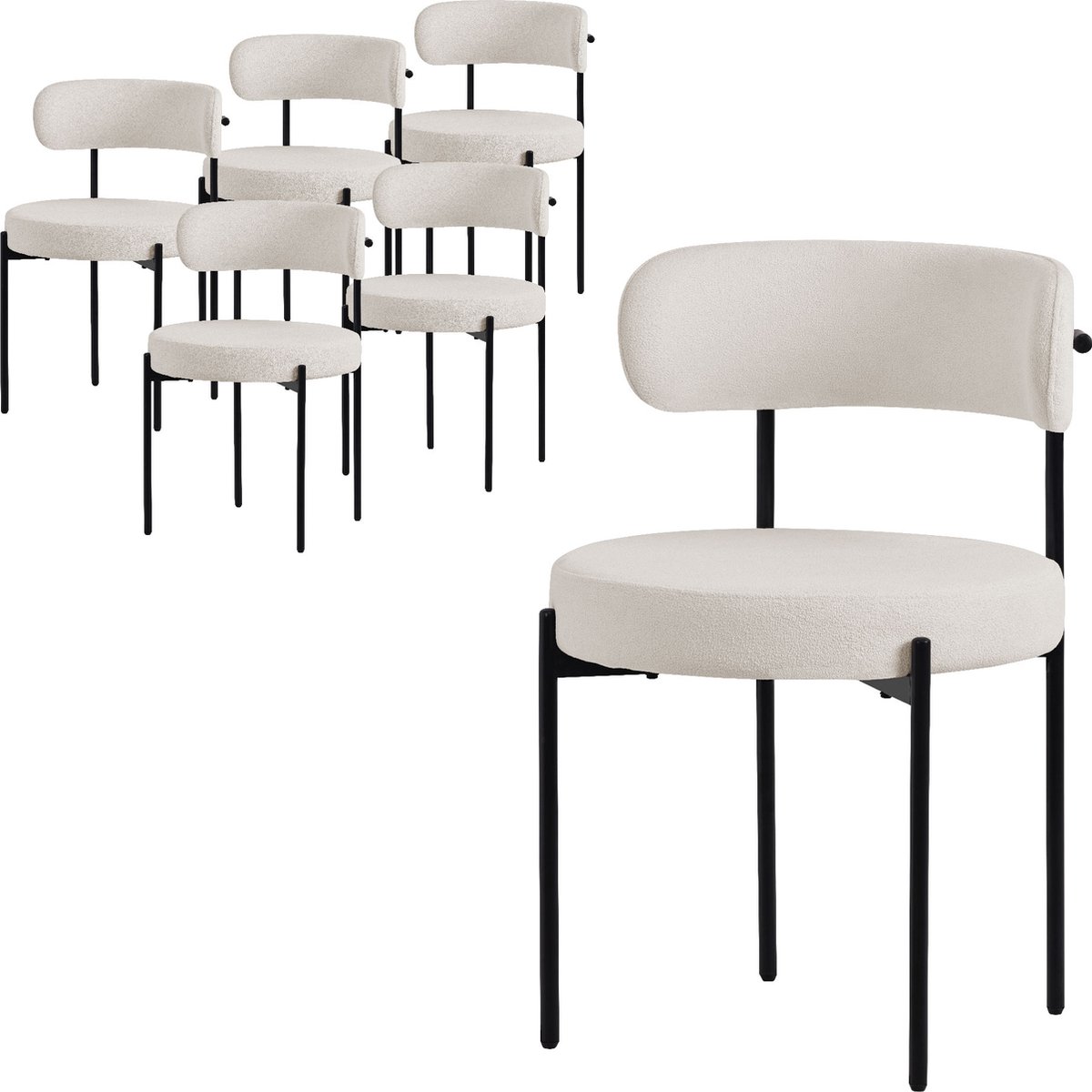 ml-design eetkamerstoelen set van 6 keukenstoel in teddy stof wit woonkamerstoel met rugleuning gestoffeerde stoelen met zwarte metalen poten ergonomische loungestoelen stoelen voor eetkamer