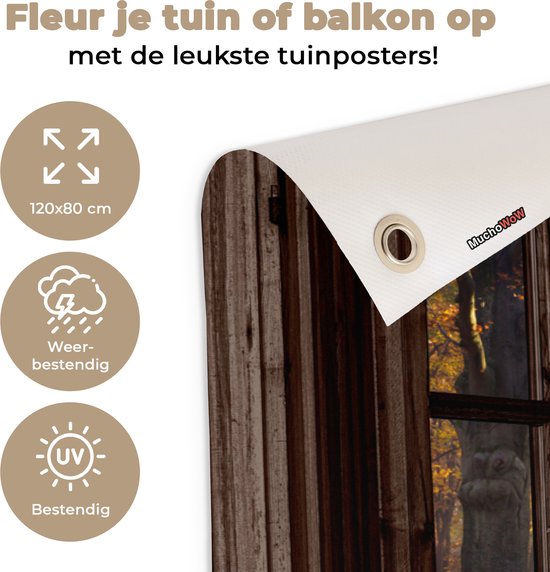 Tuinposter 120x80 cm - Tuindecoratie Herfst - Bos - Bomen - Natuur - Doorkijk - Poster voor in de tuin - Buiten decoratie - Schutting tuinschilderij - Tuindoek muurdecoratie - Wanddecoratie balkondoek