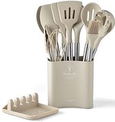 Ustensiles de cuisine de Premium, 13 pièces – 100 % sans BPA, silicone résistant à la chaleur, revêtement antiadhésif, poignées et support en silicone en acier inoxydable – Ensemble de spatules de haute qualité (kaki)