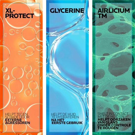 Gedetailleerde afbeeldingen van ingrediënten: XL-Protect, glycerine en Airlicium. Helpt tegen externe agressoren, hydrateert, controleert glans.