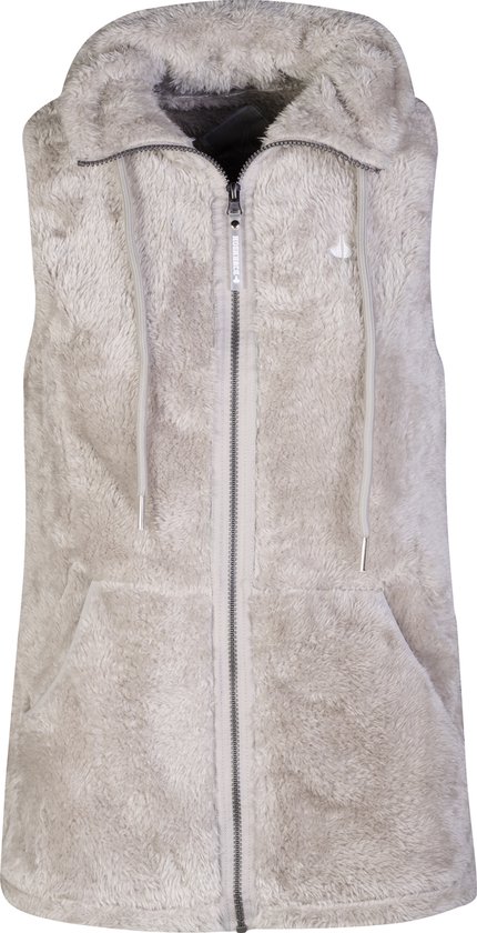 Beige fleece bodywarmer voor dames met rits, capuchon en zakken.