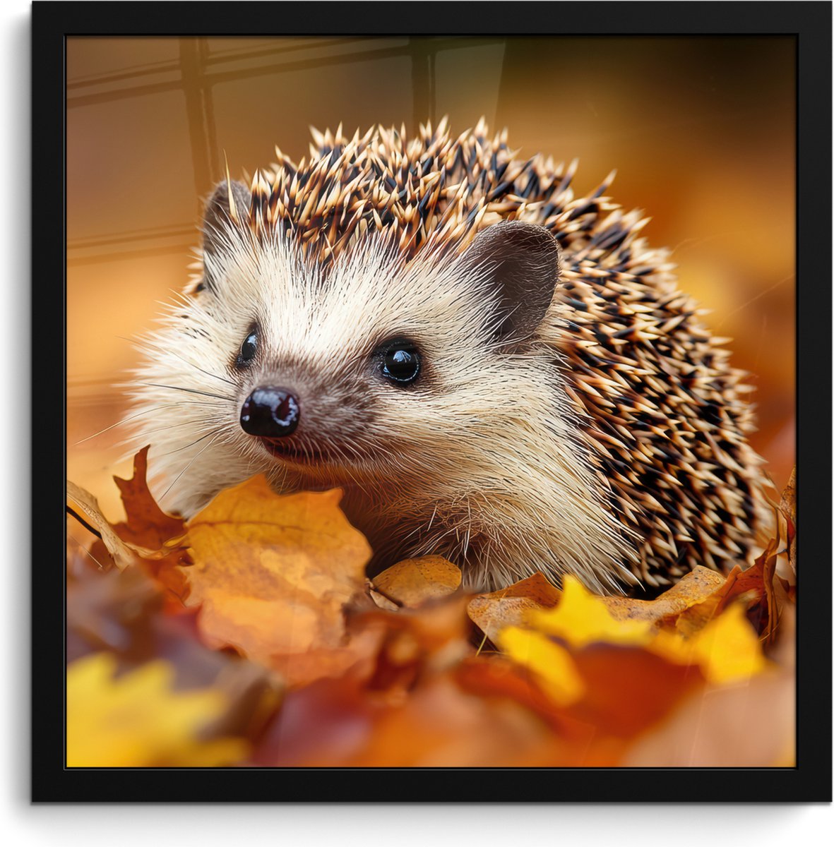 Poster in lijst - Fotolijst 40x40 cm - Posters - Egel - Bos - Herfstbladeren - Herfst - Bosdieren - Natuur - Posterlijst zwart - Decoratie - Wanddecoratie woonkamer - Muurdecoratie slaapkamer