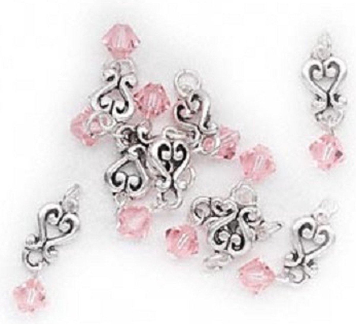 Antiek zilverplated hangcomponenten 26x8mm, met Swarovski 6mm bicone in de kleur Light Rose. Per 18 stuks