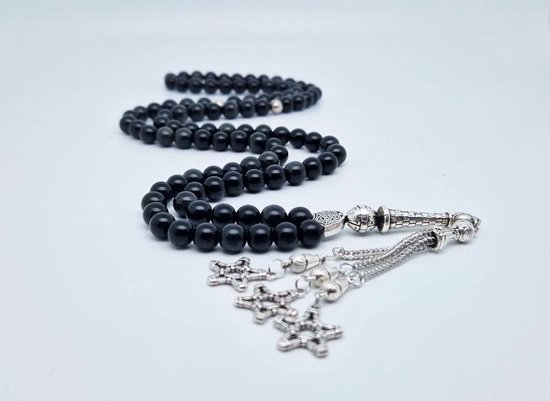 Pierre naturelle tesbih faite main "Obsidian" - Nombre de perles 99 - Perles de diamètre 8MM - avec pompon en métal "Grandes étoiles" - Une belle idée cadeau