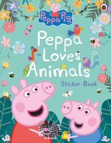Peppa Pig stickerboek Peppa is dol op dieren. Twee vrolijke varkens met een egel en een eendje. Groene achtergrond met bloemen en vlinders.