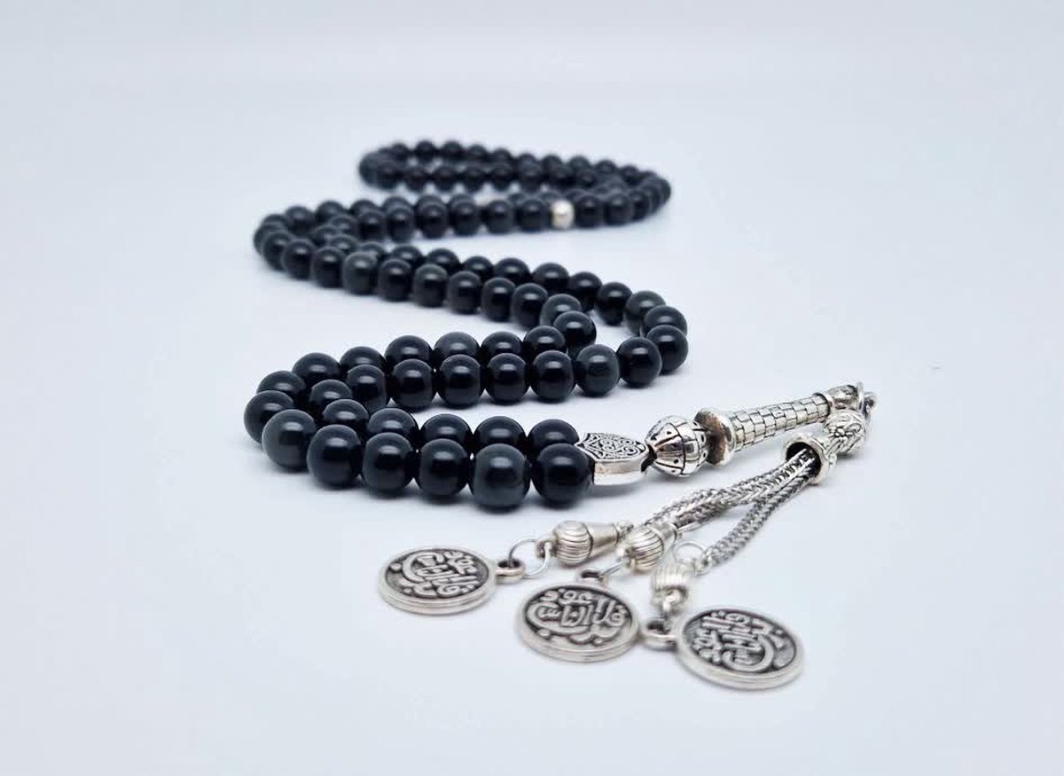 Handgemaakte tesbih natuursteen "Obsidian" - Aantal kralen 99 - Diameter kralen 8MM - met metaal tassel "Qul aeuidh biallah" - Een mooi cadeau-idee