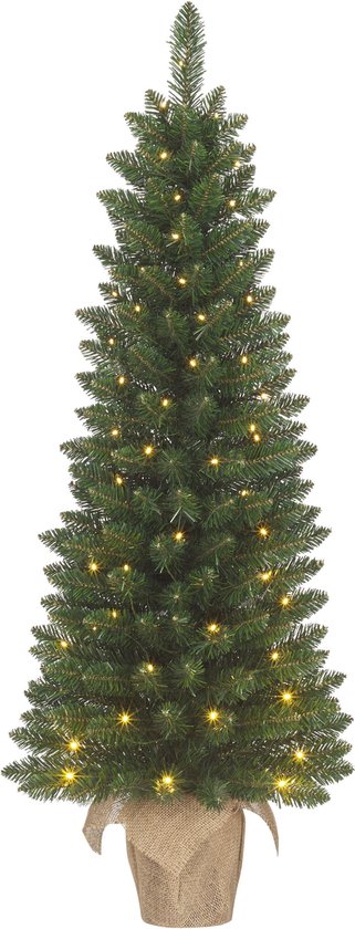 Black Box Trees Gerlos Smalle Kunstkerstboom in Pot met Warm Witte LED Verlichting - H120 x Ø51 cm - Groen