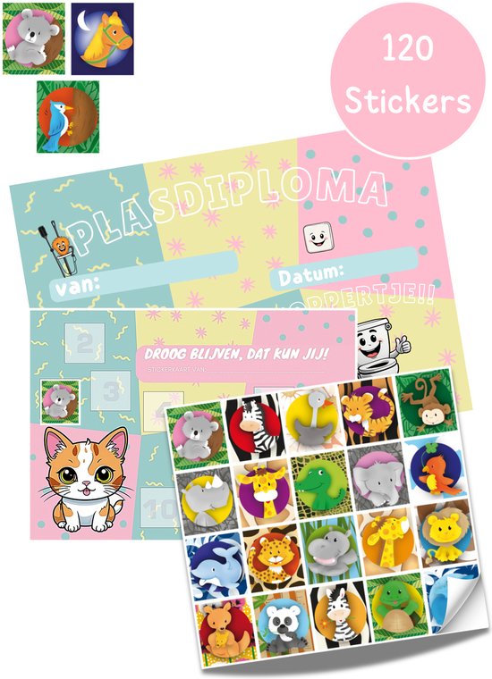 Zindelijk worden zonder strijd – Beloningssysteem meisje – Zindelijkheidstraining kind – 8 stickerkaarten, 120 beloningsstickers en Plasdiploma