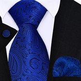 Cravate Sorprese avec pochette de costume et Boutons de manchette - Blauw Paisley - 8 cm - 100% Soie - Pochette - Cadeau