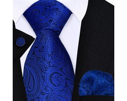 Sorprese Stropdas met Pochet en Manchetknopen - Paisley Blauw - 8cm - 100% Zijde - Pochette - Cadeau