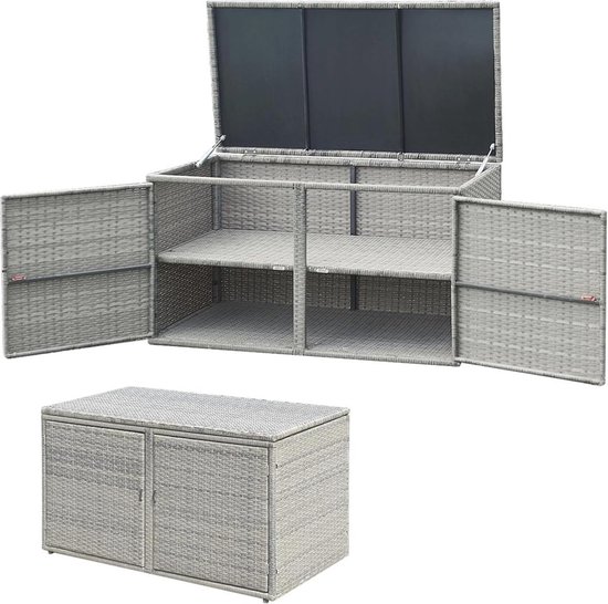 KOMFOTTEU Rotan opbergbox, opbergkist met dubbele deuren en deksel, 2 verdiepingen tuinkast, duurzame opbergdoos, opbergbox voor tuin, binnenplaats, bruin