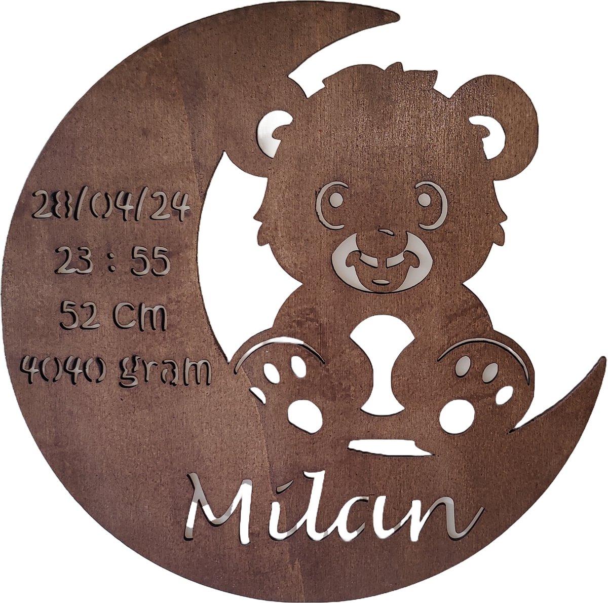 Goedkoopste Gepersonaliseerd Houten Geboortebord met Maan en Beer – Uniek Kraamcadeau met Naam, Geboortedatum, Gewicht en Lengte - 38cm - Palisander hout