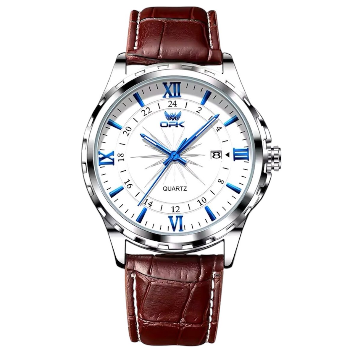 OPK Herenhorloge - Leren Band - Polshorloge - Heren - Cadeau - Horloge - Geschenkdoos - Mannen - Blauw Wit- Polsband Bruin-Luxe Doos