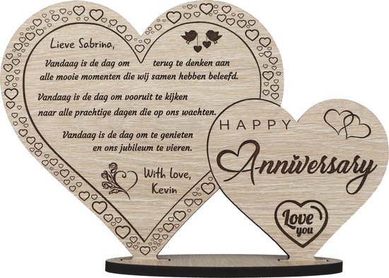 Hartjes jubileum - houten wenskaart - kaart van hout - … jaar getrouwd - Happy Anniversary - 17.5 x 25 cm