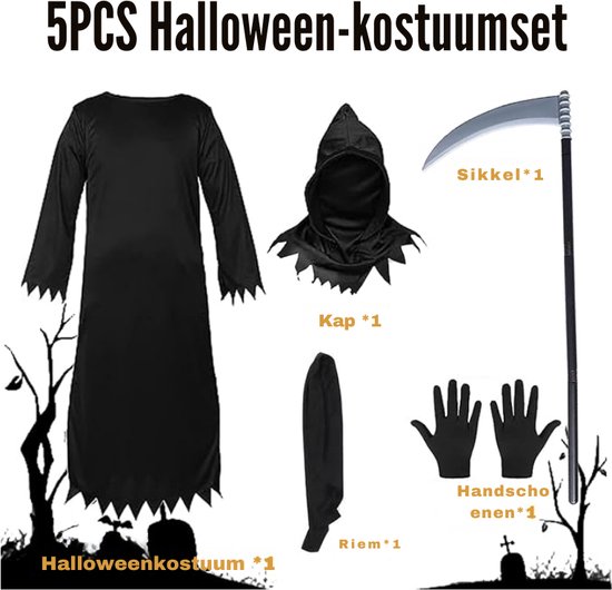 Déguisement Faucheuse Enfant Halloween – Costume Grim Reaper Avec Faux, Lunettes LED, Gants Phosphorescents Et Accessoires