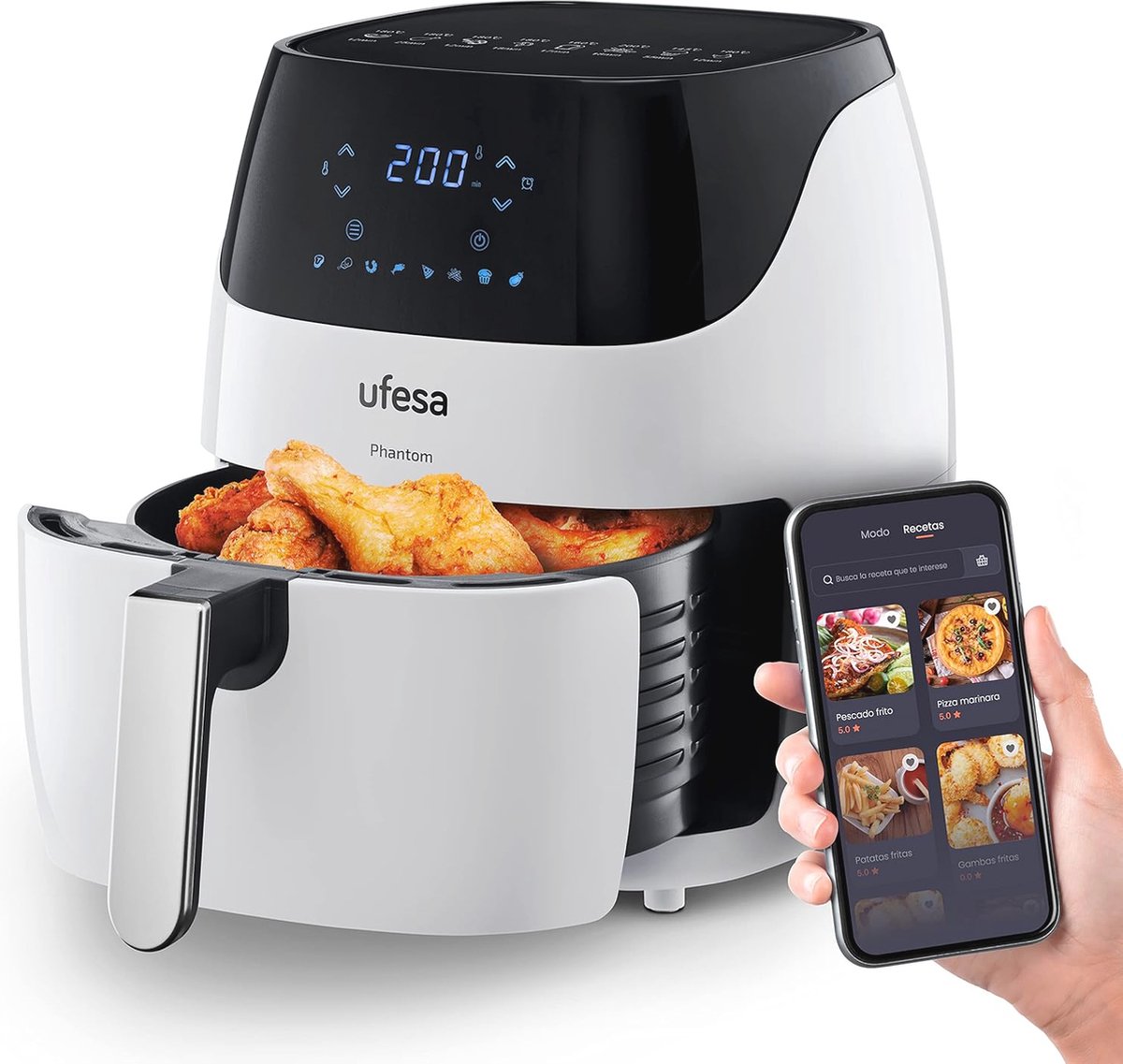 Witte Heteluchtfriteuse met WiFi en Touch-Display - 8 Kookprogramma's, 5 Liter, 1500W