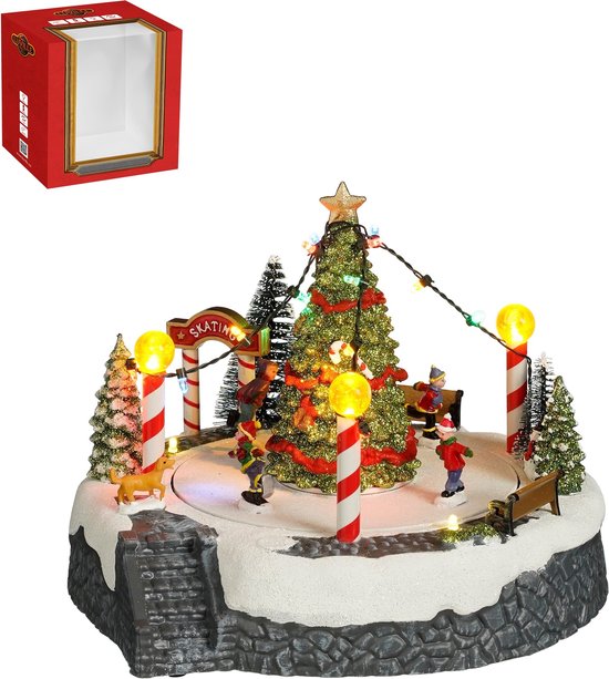 LuVille Kerstdorp Miniatuur Kerstboom Scène - L22 x B22 x H19 cm