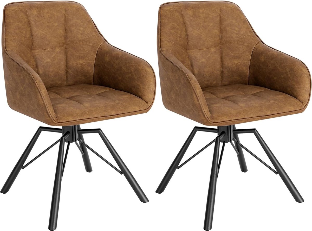 BukkitBow Set Eetkamerstoelen / Keukenstoelen - Lederen Stoelen - 360 Graden Draaibaar - Zithoogte 48CM - Licht Bruin