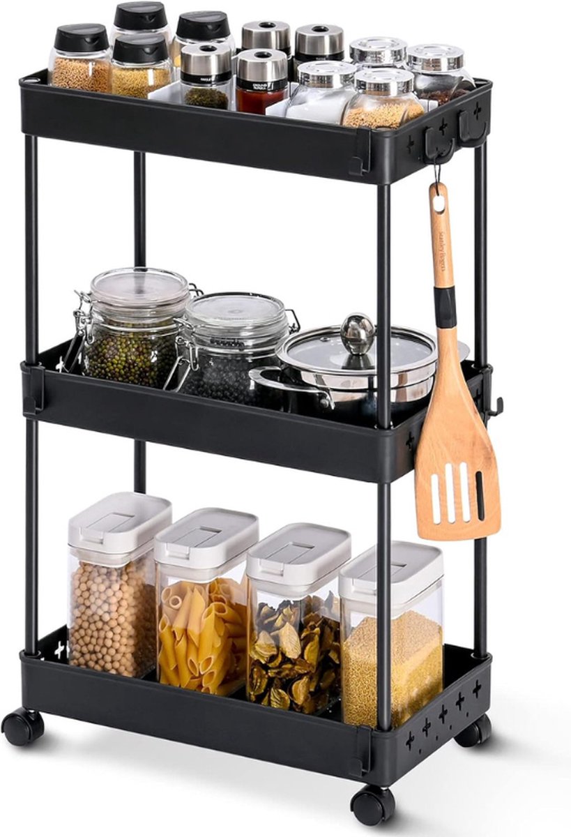 Smalle Keukentrolley Met 3 Niveaus - 22 Cm Breed Opbergwagen Op Wielen Voor Keuken Of Woonkamer - Zwart - 40 X 22 X 62 Cm