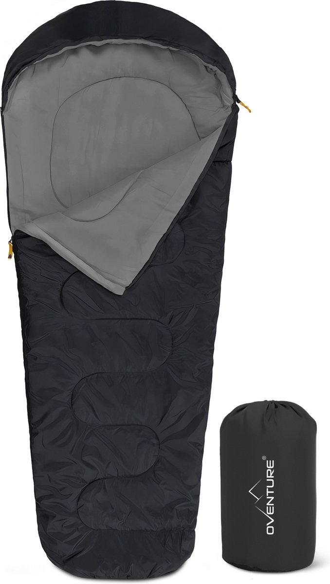 Oventure SleepPlus slaapzak | 230 x 80 cm | Mummy slaapzak | 3-seizoenen | Comfortabel tot 6 °C | Voor kamperen backpacken en festivals | Lichtgewicht en compact | Slaapzak met capuchon | Inclusief draagtas | Zwart