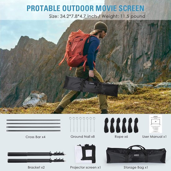 Projectorscherm En Standaard 150 Inch, LEORFI Outdoor Draagbare Projector Filmscherm Naar Beneden Indoor Projecties Scherm Met 16 9 4k Full Hd Ondersteuning In Hoogte Verstelbaar Voor Thuisbioscoop Kamperen 786724446