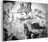 Aluminium schilderij 120x80 cm - Wanddecoratie metaal - Kraanvogel - Zwart wit - Dieren - Vogels - Metalen muurdecoratie woonkamer - Decoratie industrieel - Foto op dibond - Industriële accessoires slaapkamer