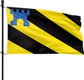 Vlag van Medemblik met gele en zwarte banen en een blauw kasteel silhouet.