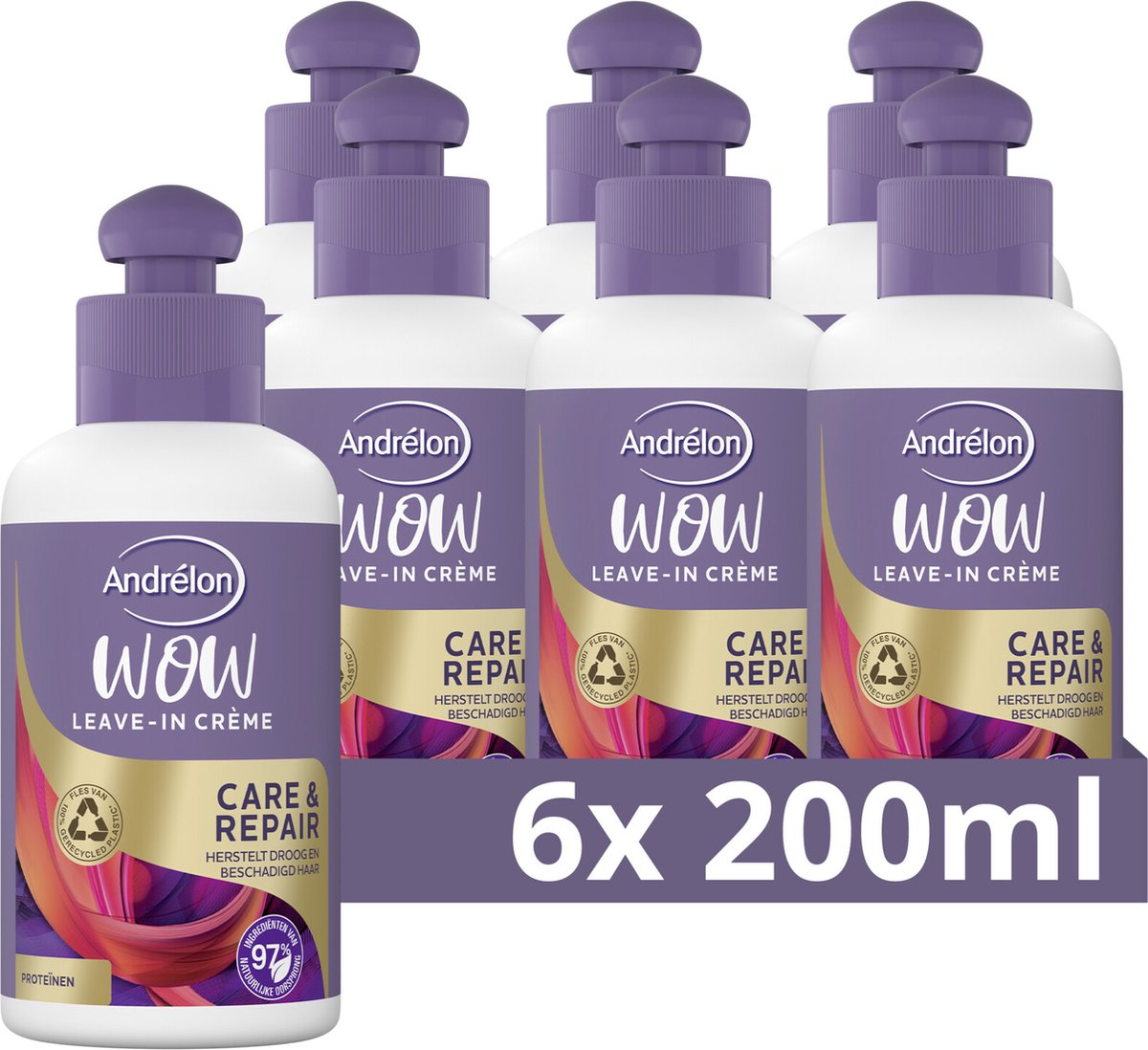 Andrélon WOW Leave-In Crème - Care & Repair - verrijkt met proteïne en amandelolie - 6 x 200 ml