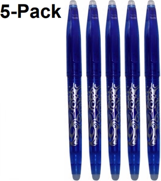 Vijf transparant blauwe gummenpennen met zilveren ornamenten, witte gumtop. 5-Pack.