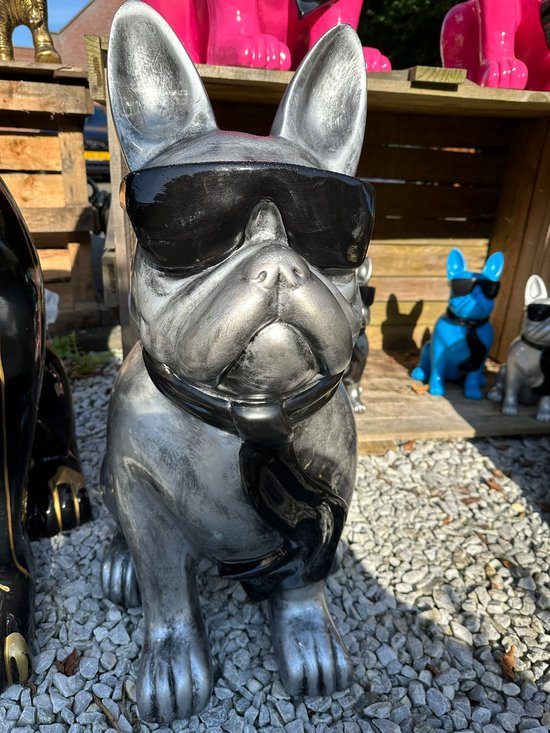 Goodyz - Statue Bouledogue Français - 80 cm de haut - avec lunettes de soleil - couleur argent -