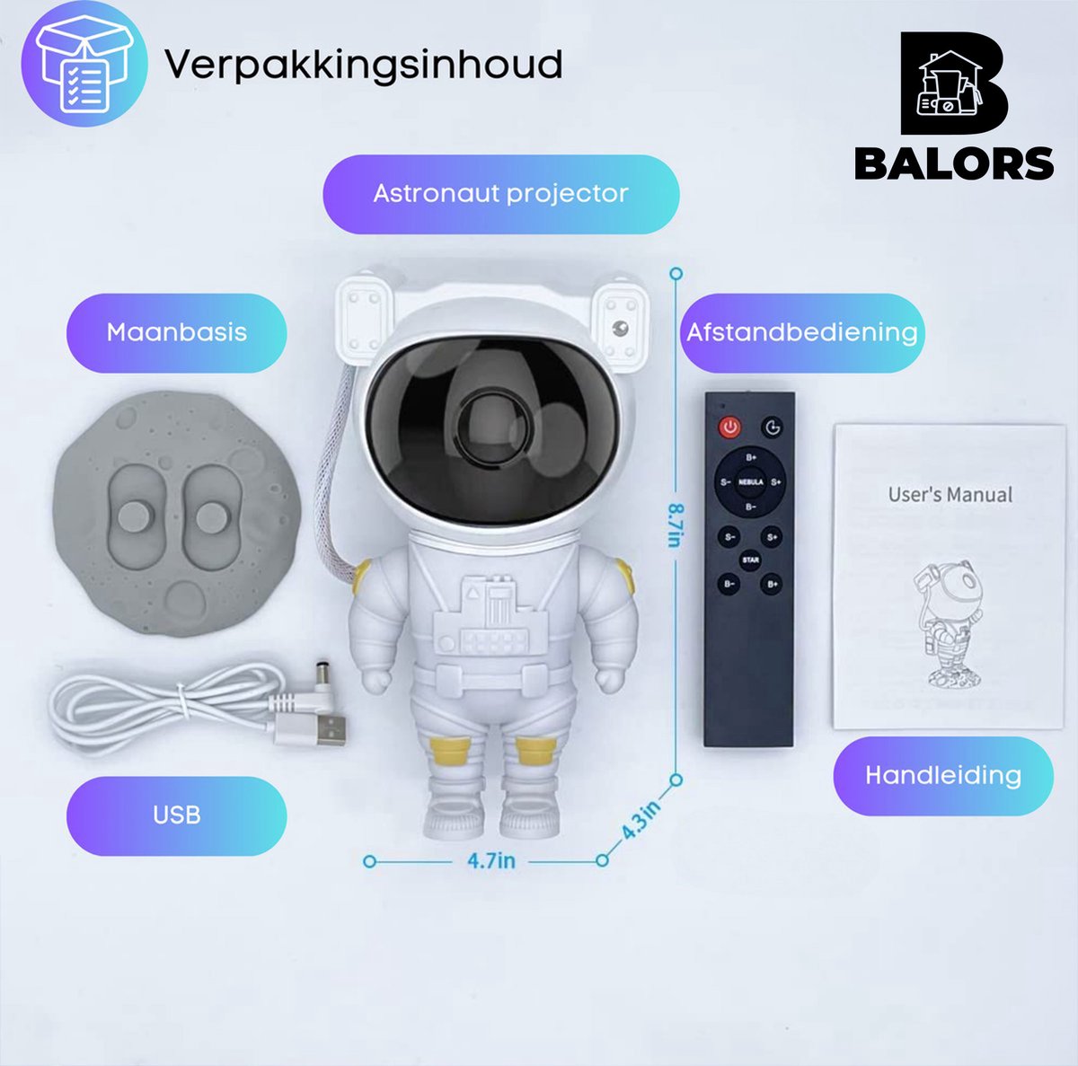 BALORS® Led Sterren Projector Astronaut - Sterren projector - Star Galaxy Projector - Sterrenhemel - Nachtlampje met afstandsbediening - USB - Wit - 15+ RGB kleuren - Sterrenprojector - Sterren projector Kind en Baby - Sterrenprojector kinderkamer – foto 6
