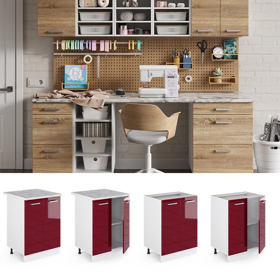 Vicco Élément bas universel R- Line, Rouge bordeaux brillant/ Wit, 60 cm avec portes, avec plan de travail