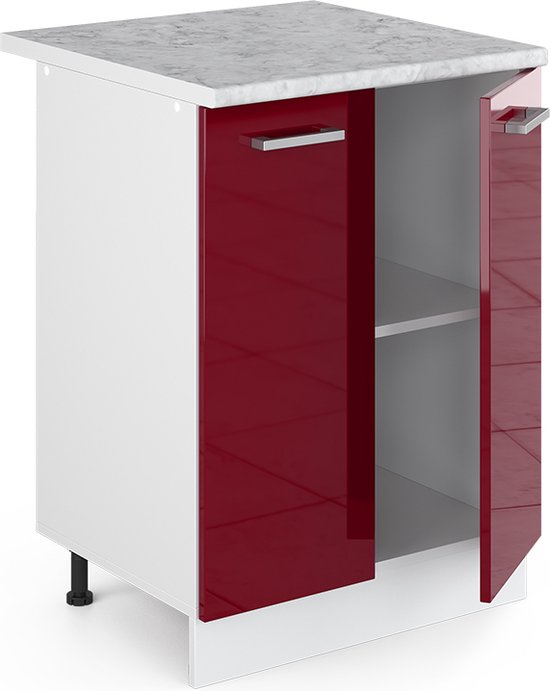 Vicco Élément bas universel R- Line, Rouge bordeaux brillant/ Wit, 60 cm avec portes, avec plan de travail