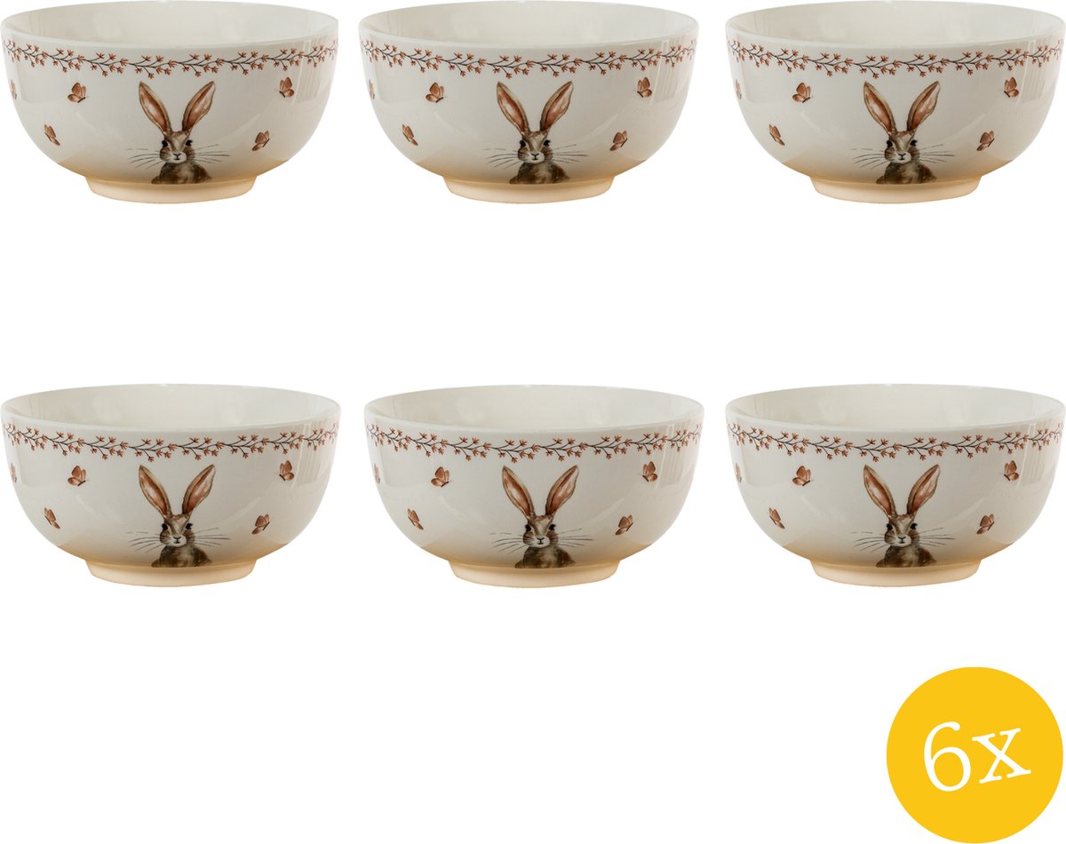 Clayre & Eef Soepkom set van 6 stuks 500 ml Beige Bruin Porselein Konijn Serveerkom