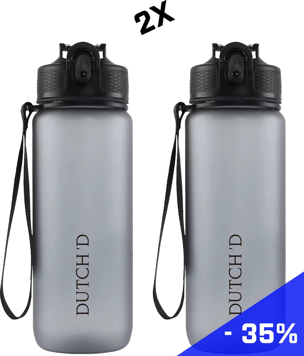 Dutch'D ® - DEAL! Set van 2 stuks - Drinkfles - Drinkfles met rietje - Waterfles - Grijs - Drinkfles Volwassenen - Lek Vrij - Cadeau voor haar/hem - Verschillende Drinkflessen en waterflessen - Drinkbeker - Sportfles - Drinkbus - 700ML