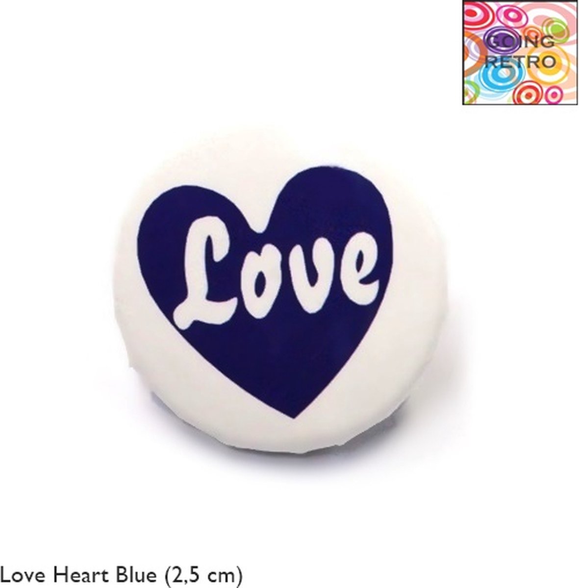 Going Retro® - Trendy Button Brôche - (35) Love Wit Hart Donker Blauw – Wit – ca. 2,5 cm – Volwassenen Jeugd Kinderen – Unisex – Casual - Thema Feest