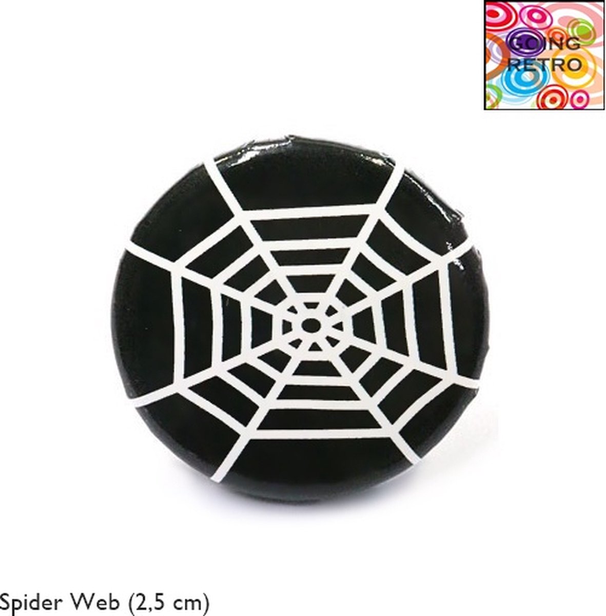 Going Retro® - Trendy Button Brôche - (43) Spider Web Wit – Zwart – ca. 2,5 cm – Volwassenen Jeugd Kinderen – Unisex – Casual - Thema Feest Halloween