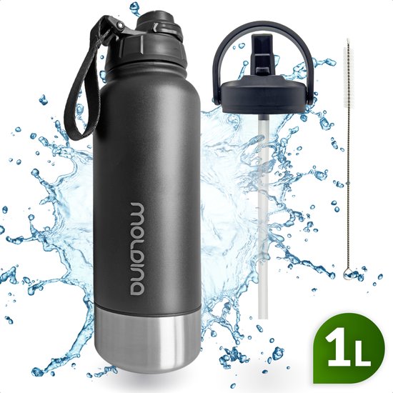 Foto: Moldina drinkfles 1 liter met opslagbodem en easyclick dop waterfles met rietje luxe rvs thermosfles drinkfles thermosbeker volwassenen en kinderen zwart vaatwasserbestendig waterjug