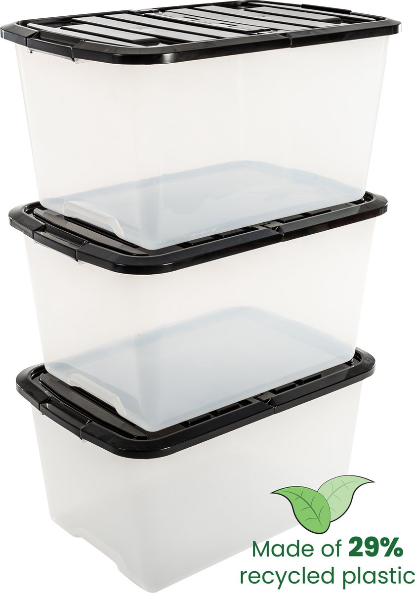 Bol.com IRIS Topbox Opbergbox half te openen deksel - 45L - Kunststof - Transparant/Zwart - Set van 3 aanbieding