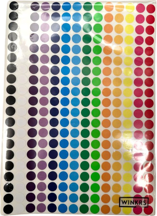 Verpakking met 1400 ronde stickers in 14 kleuren, georganiseerd in regenbogen. Winkrs logo onderaan.