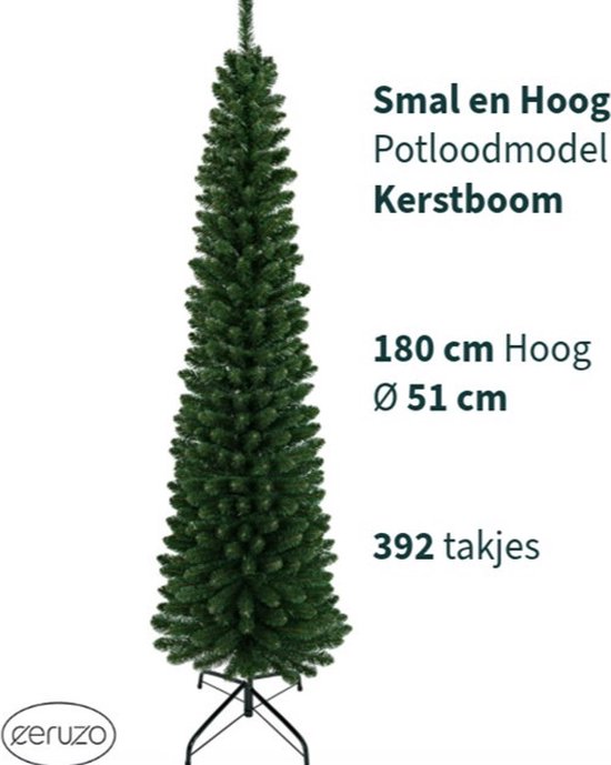Smalle Kunstkerstboom 180 cm - D51 cm - Potloodmodel- Metalen Standaard – Compact